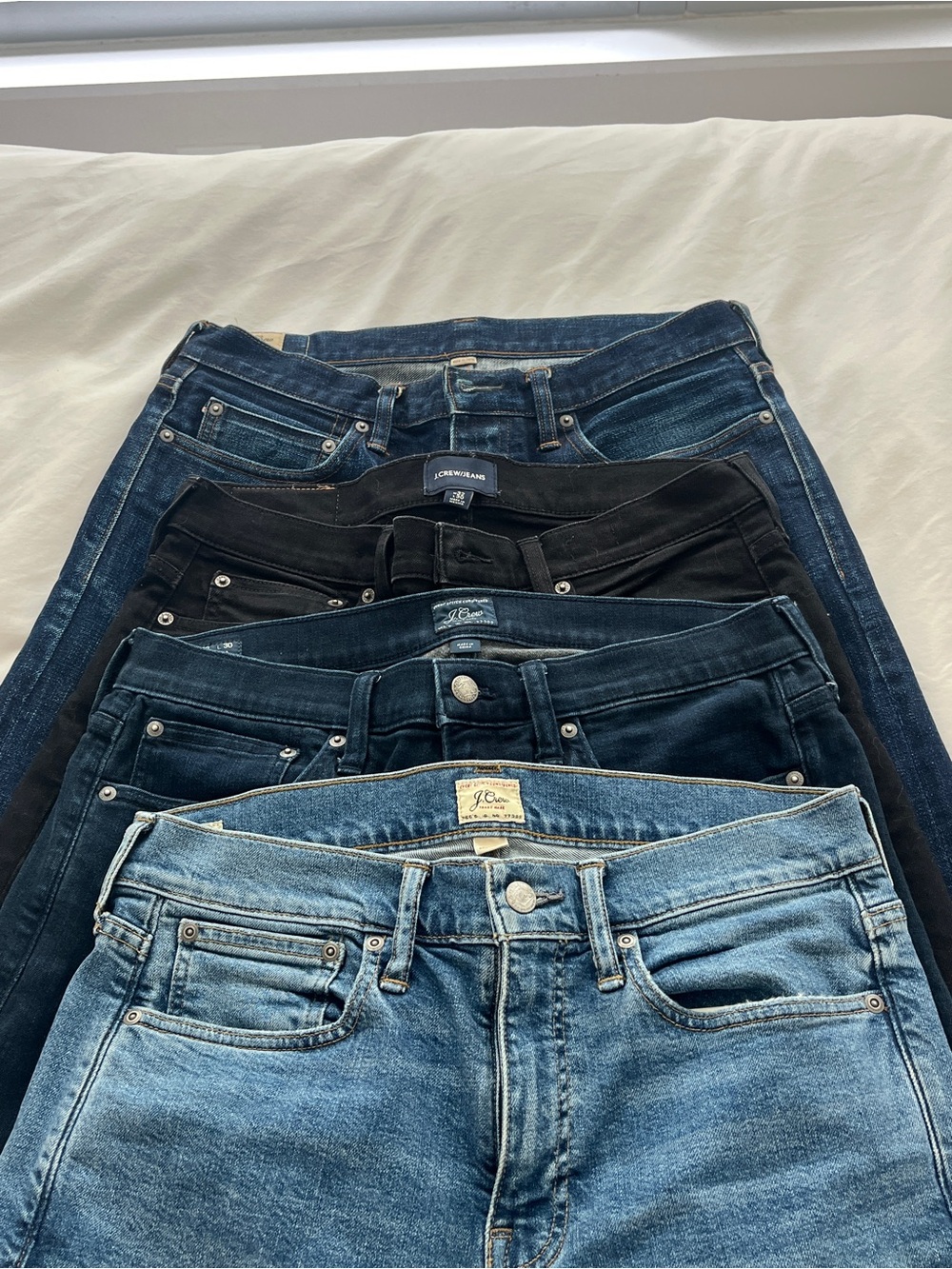4 Pack - J. Crew Men’s Slim Jeans 484 - Light Blue, 2x Dark Blue, Black